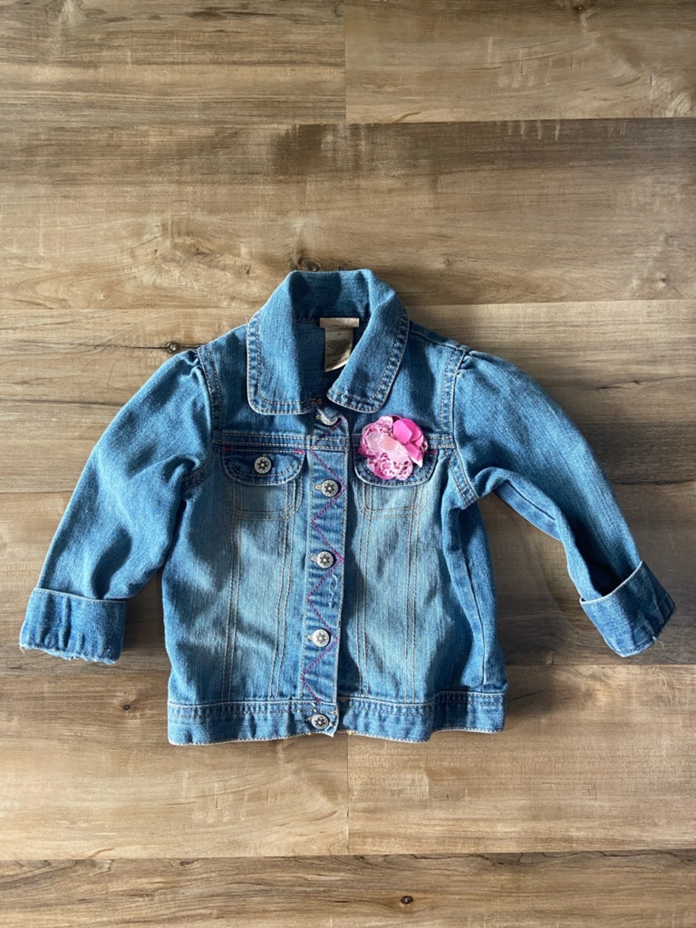 Kids Light Blue Denim Jacket with Pink Flower Accent